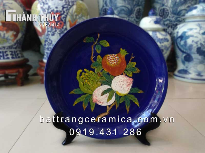 Đĩa cảnh Phúc Lộc Thọ men Lam 35 cm trang trí phong thủy may mắn Đĩa cảnh Phúc Lộc Thọ men Lam 35 cm trang trí phong thủy may mắn