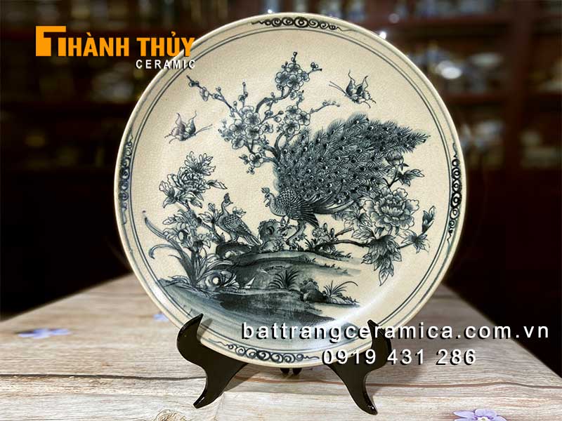 Đĩa sứ chim công hoa đào 35cm bát tràng phong thủy sang trọng