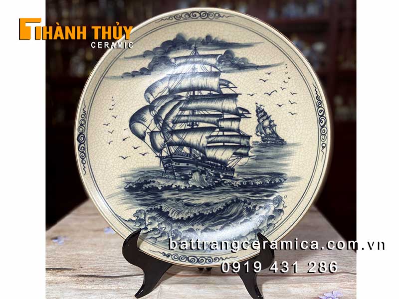 Đĩa cảnh Bát Tràng Thuận buồm xuôi gió 35cm sang trọng hút tài lộc 