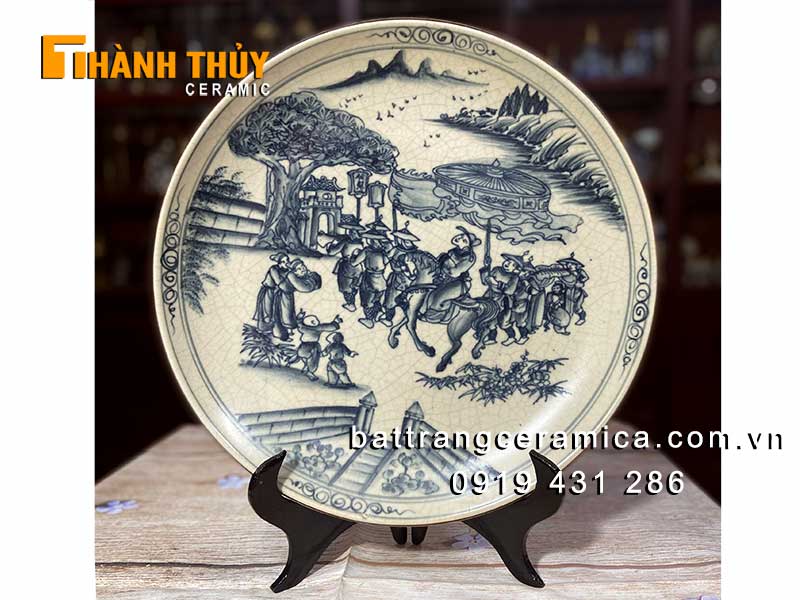 Tranh đĩa giả cổ Vinh quy bái tổ 35cm gốm sứ Bát Tràng sang trọng