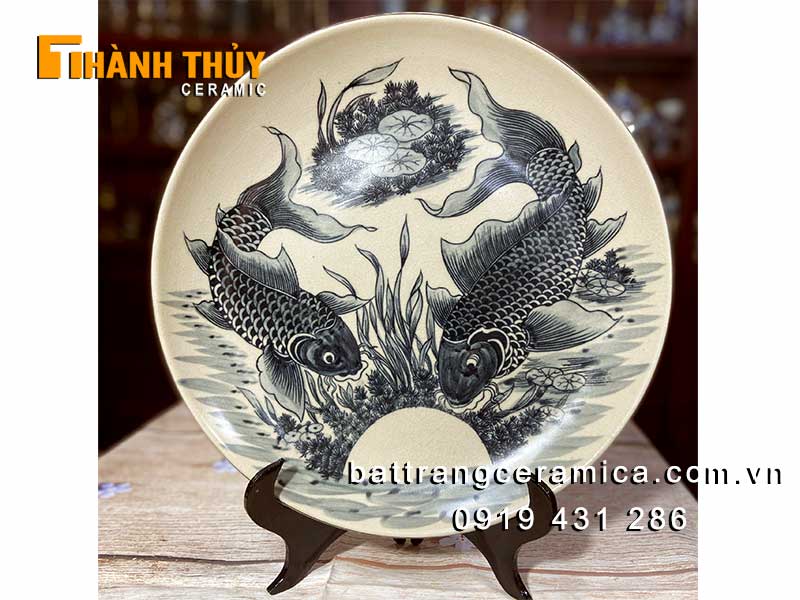 Đĩa sứ giả cổ Lý ngư vọng nguyệt 35cm sang trọng phong thủy 