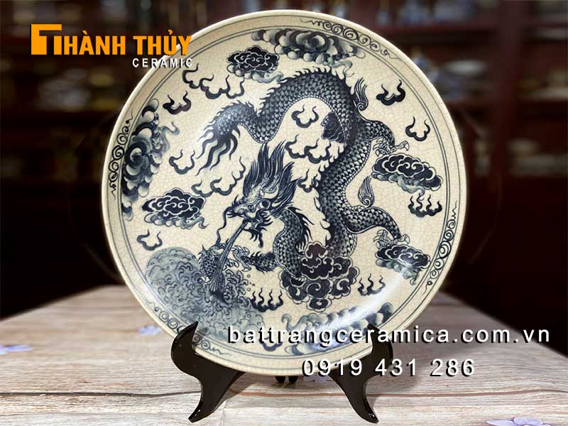 Đĩa phong thủy Rồng hút tài 35cm gốm sứ Bát Tràng cao cấp 
