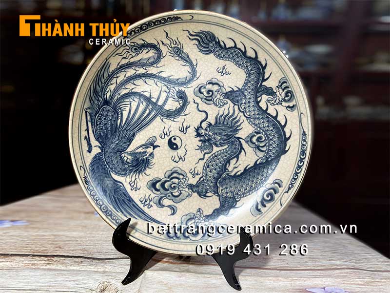 Đĩa phong thủy sứ Bát Tràng Rồng Phượng cao cấp 35cm đẹp sang 