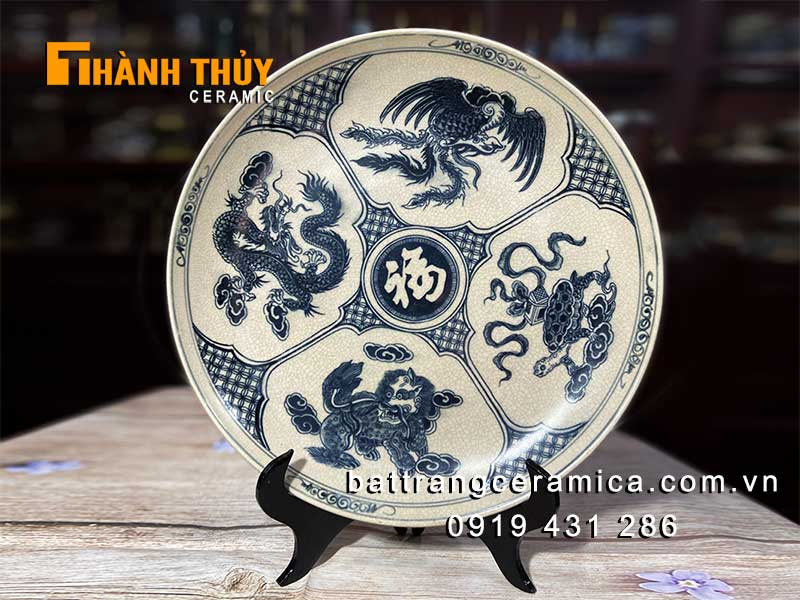 Đĩa sứ tứ linh phong thủy 35cm Bát Tràng cao cấp trang trí đẹp 