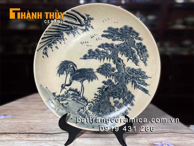 Đĩa gốm Bát Tràng tùng hạc trường thọ 35cm phong thủy đẹp 