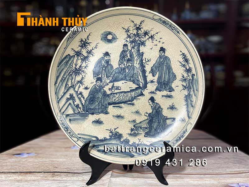 Đĩa cảnh Bát Tràng 35cm vẽ Trúc Lâm Thất Hiền gốm sứ đẹp phong thủy