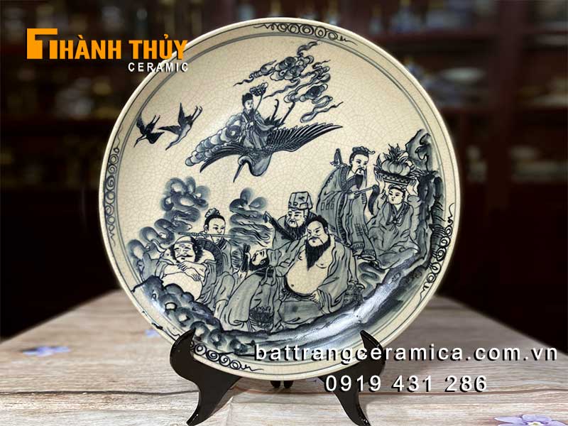 Đĩa gốm sứ Bát Tràng Bát Tiên Quá Hải 35cm phong thủy đẹp 