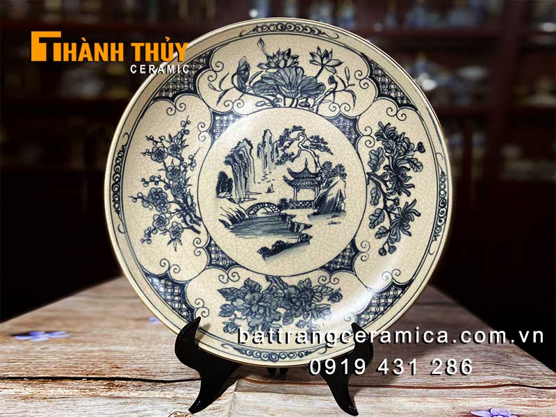 Đĩa cảnh Bát Tràng 35cm vẽ tứ quý sang trọng đẹp độc đáo