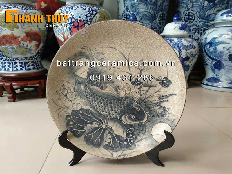 Đĩa cảnh Lý Ngư Vọng Nguyệt 36cm men rạn tài lộc