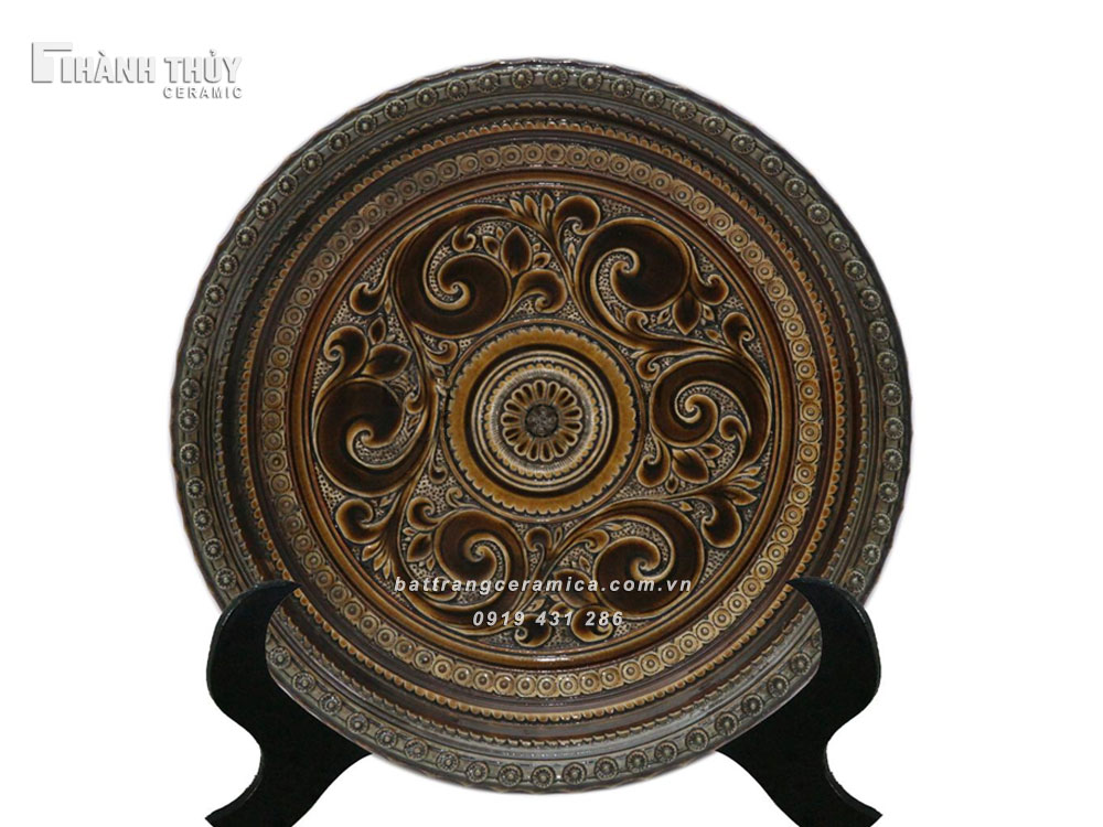 Đĩa sứ Bát Tràng đắp nổi hoa dây phi 35cm decor phong thủy trang trí