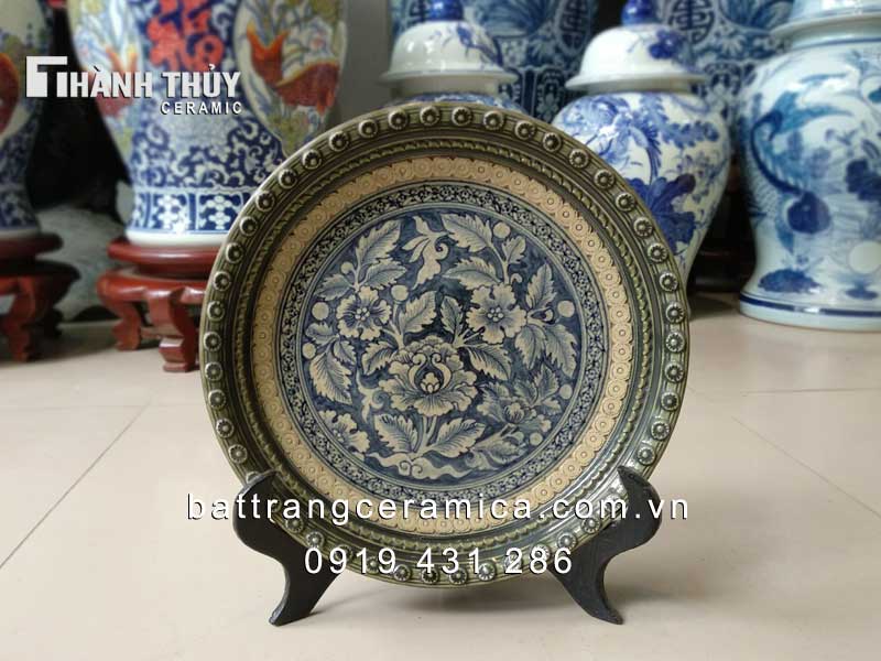 Đĩa sứ men rạn giả cổ 25cm sang trọng tặng quà ý nghĩa 