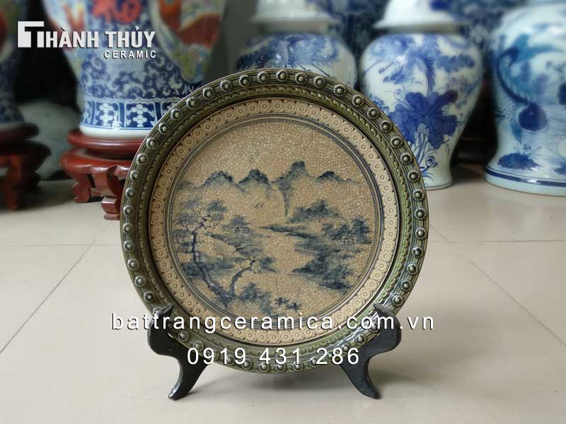 Đĩa sứ Bát Tràng 25cm men rạn cổ tranh sơn thủy phong thủy đẹp