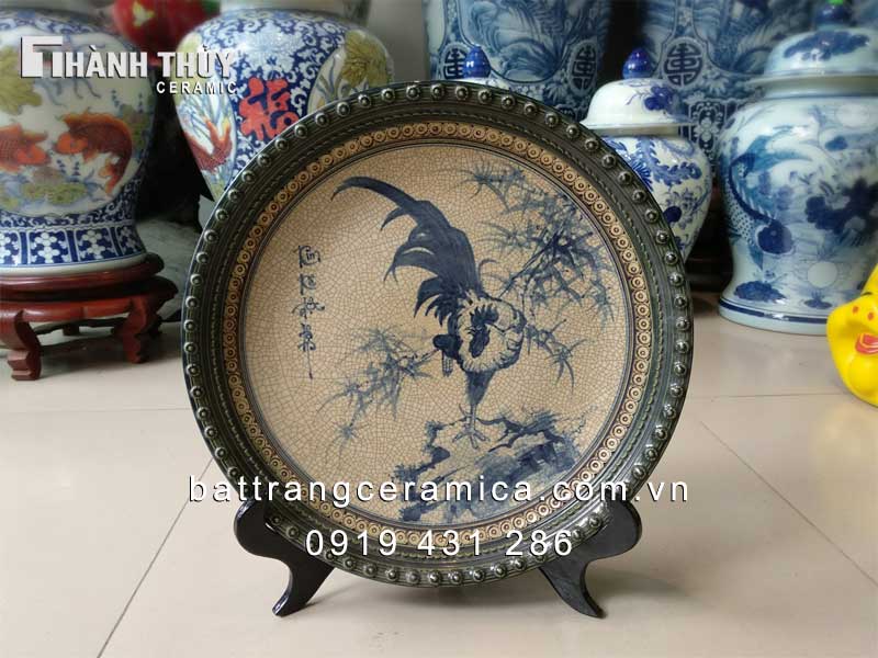 Đĩa sứ Kim kê giả cổ 35cm nghệ thuật phong thủy decor sang trọng