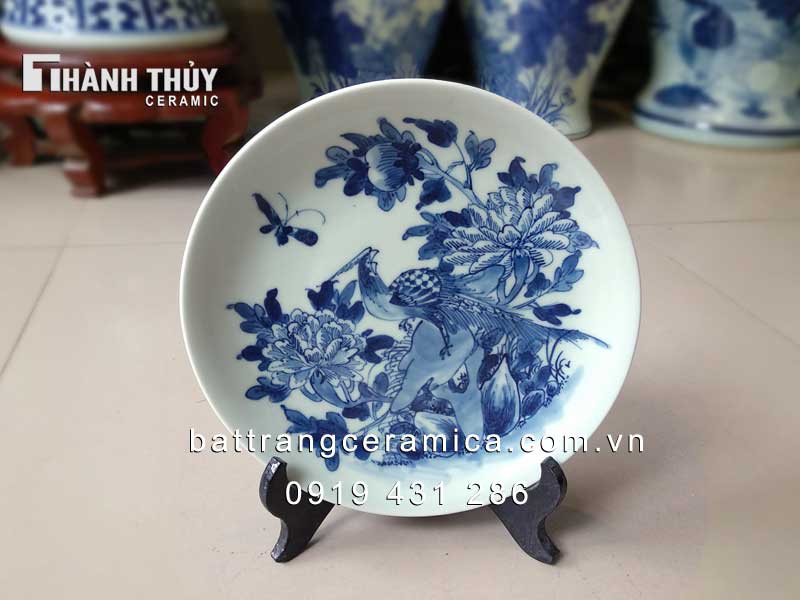 Đĩa cảnh chim Trĩ Phù Dung 20 cm gốm sứ Bát Tràng sang trọng 