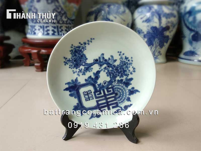 Đĩa cảnh Đào Thọ men Lam 20cm phong thủy may mắn bền 