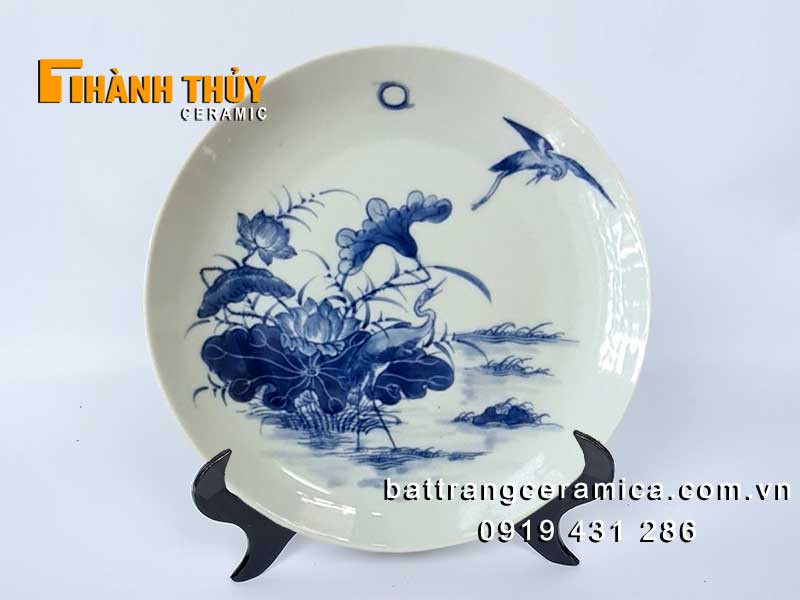 Đĩa sứ vẽ sen hạc 20cm cao cấp trang trí phòng khách
