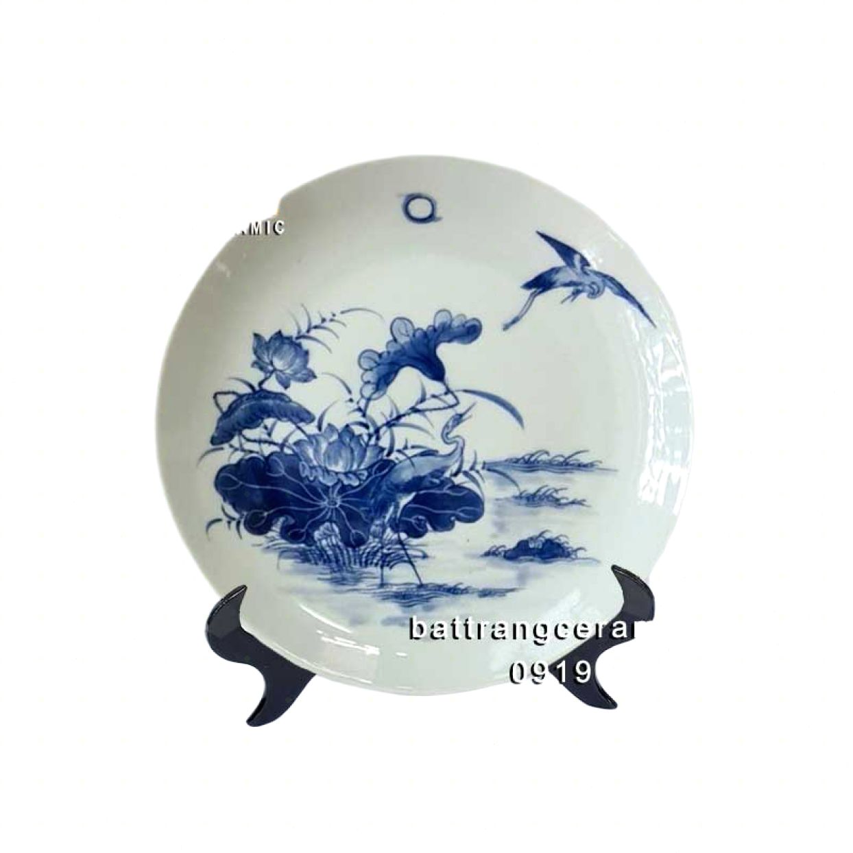 Đĩa sứ vẽ sen hạc 20cm cao cấp trang trí phòng khách 