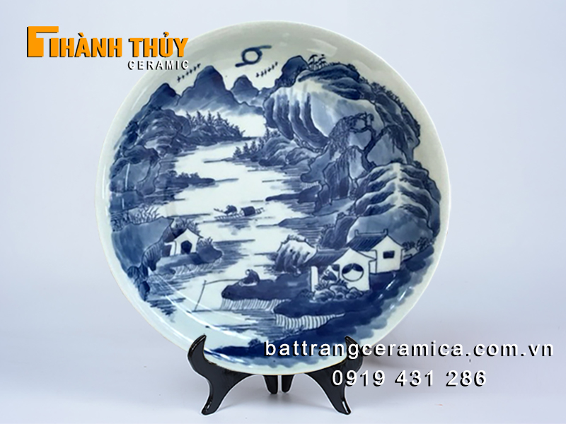 Đĩa cảnh sứ Bát Tràng 30cm vẽ tay Sơn Thủy tinh xảo, phong thủy 