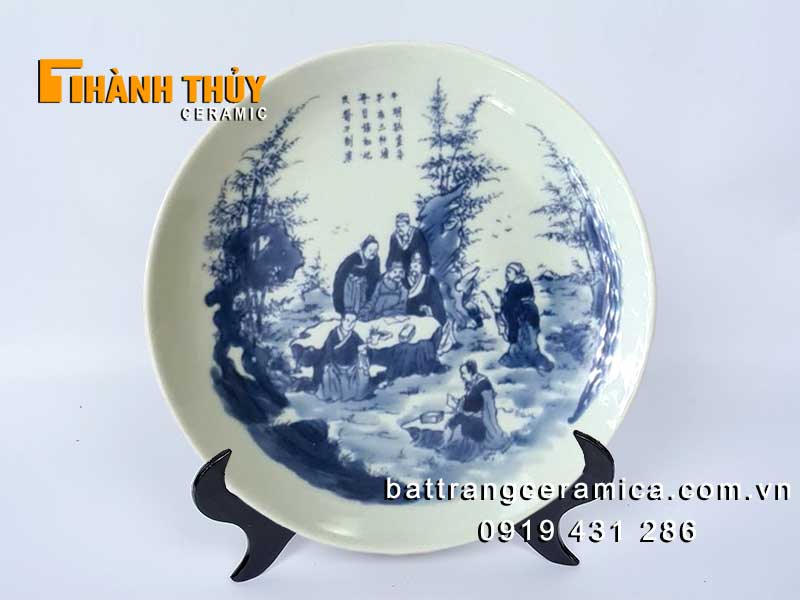 Đĩa cảnh Bát Tràng 20cm men Lam cao cấp phong thủy đẹp 