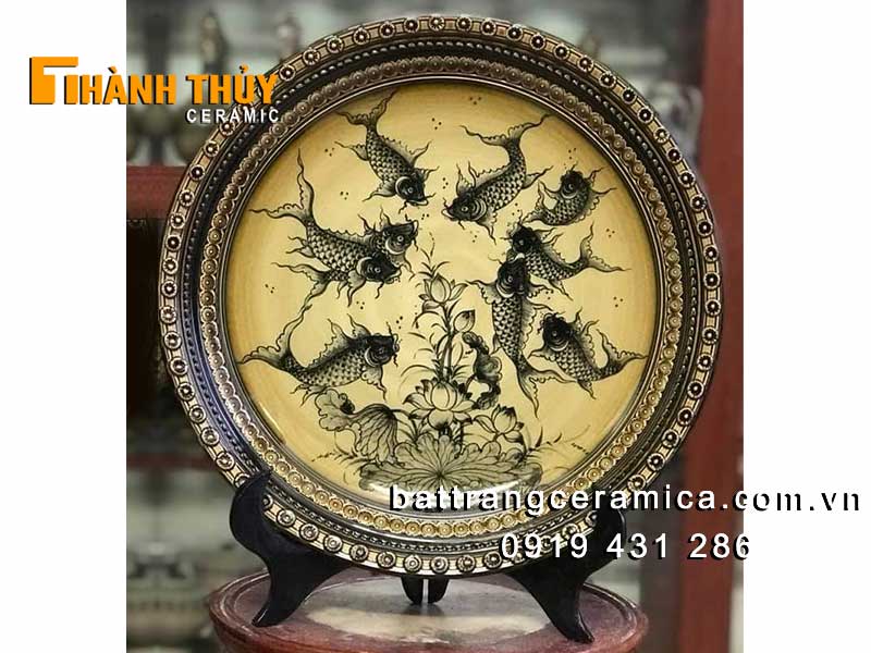 Đĩa sứ giả cổ 35cm cửu ngư quần hội phong thủy tài lộc may mắn