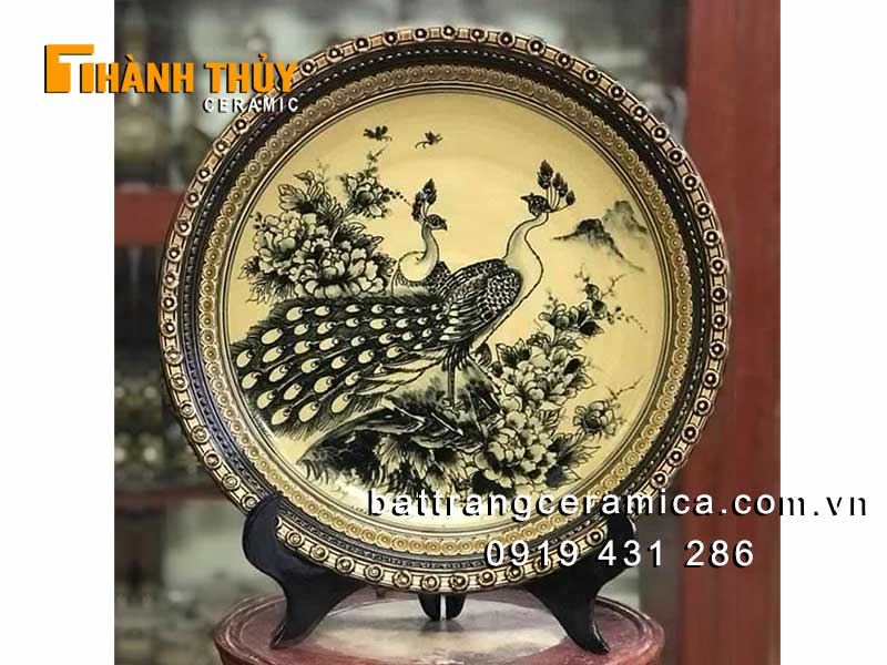 Đĩa giả cổ chim công mẫu đơn 35cm trang trí sang trọng đẹp