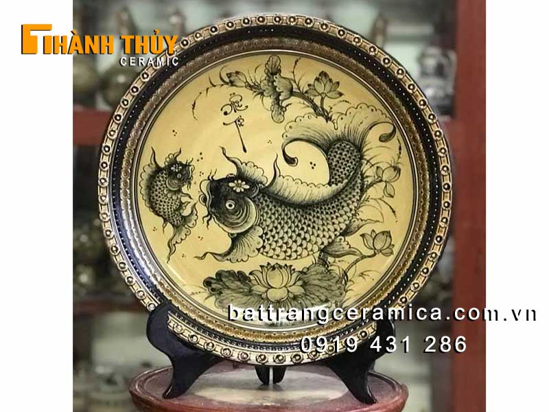 Tranh đĩa cá chép hoa sen 35cm gốm Bát Tràng phong thủy đẹp 