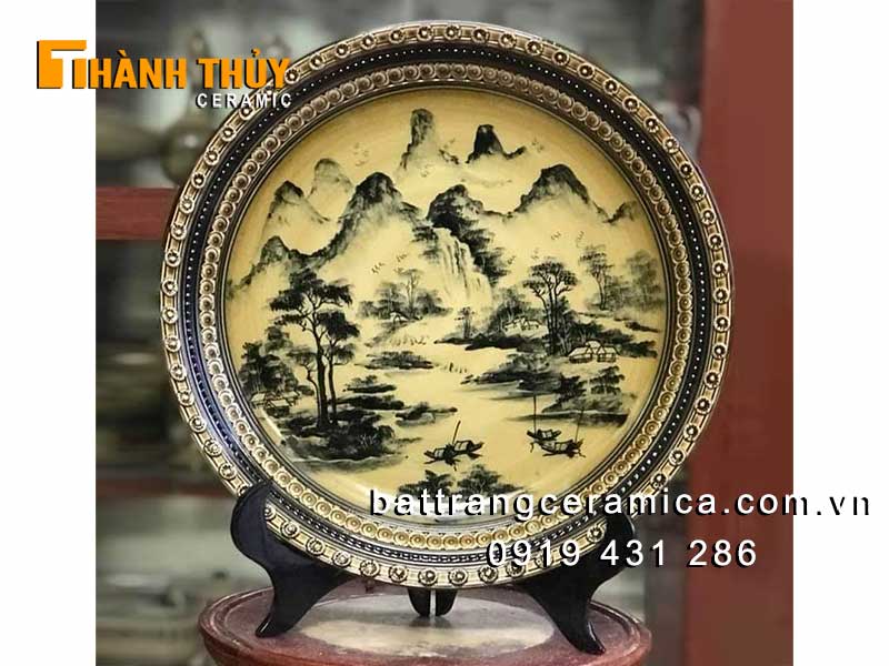 Tranh đĩa sơn thủy giả cổ 35cm Bát Tràng đẹp phong thủy 