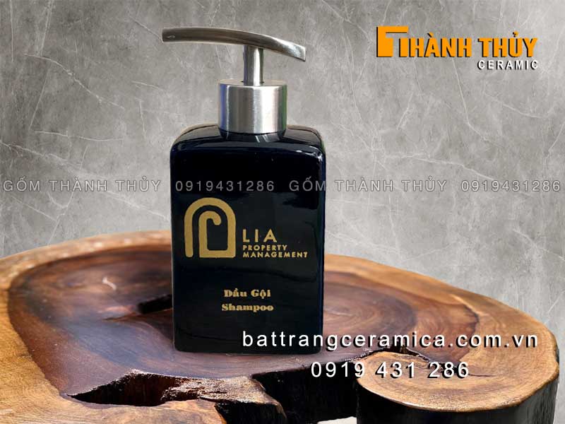 Bình sứ đựng dầu gội vuông đen sang trọng khách sạn spa 