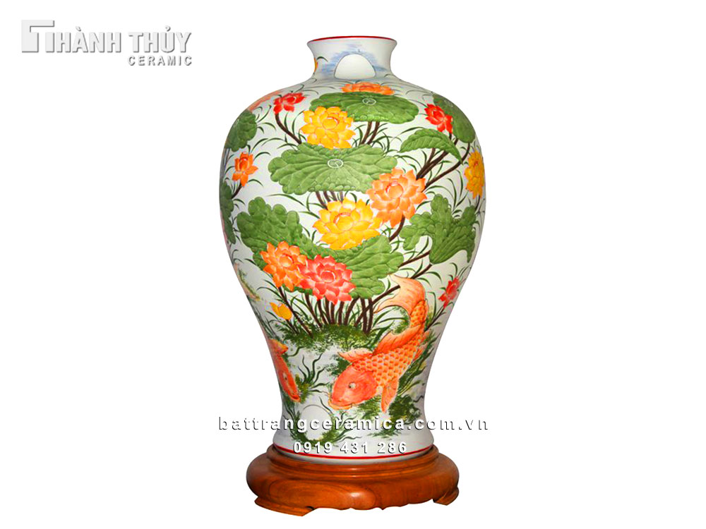 Đèn sứ thấu quang lý ngư vọng nguyệt Bát Tràng 58cm đẹp sang 