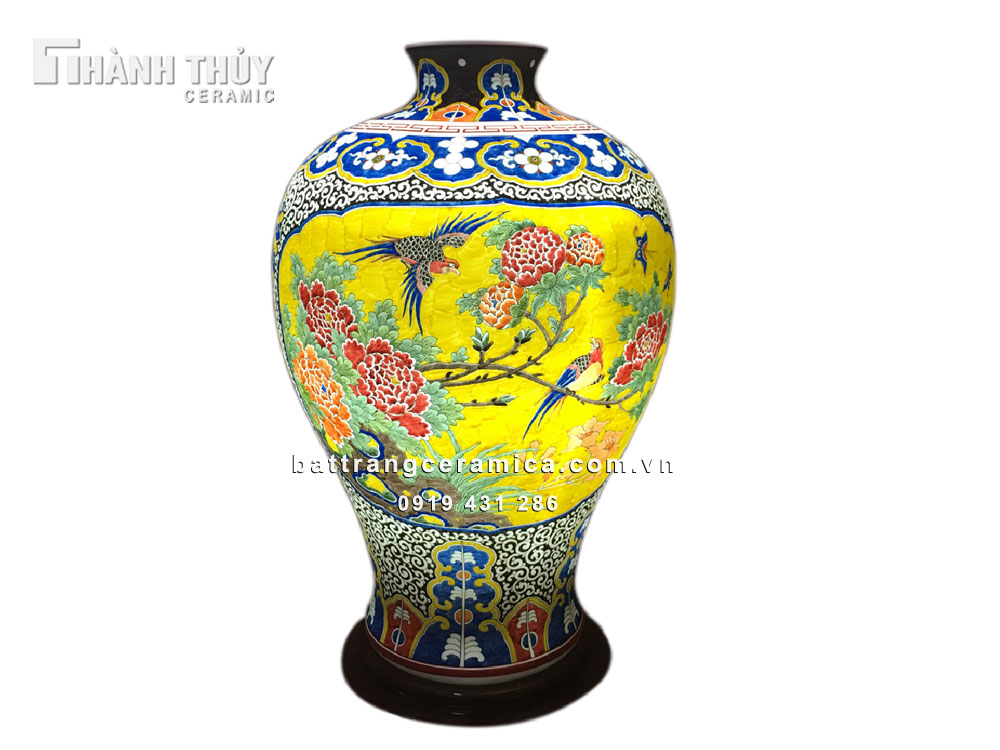 Đèn sứ thấu quang họa tiết chim Trĩ hoa Phù Dung sang trọng 58cm