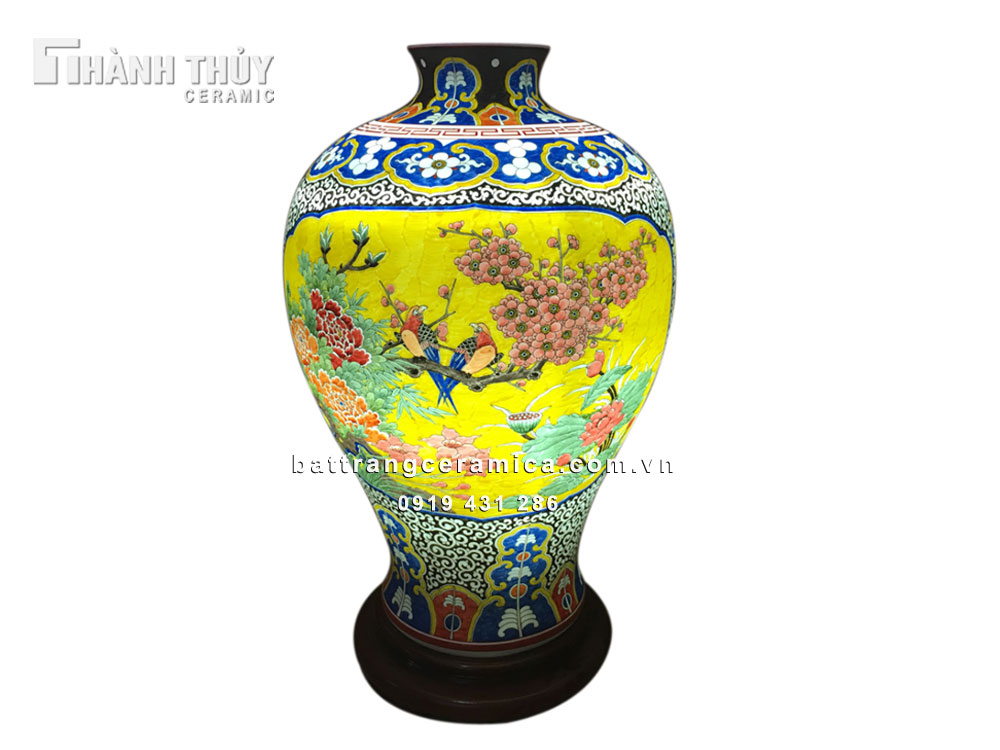 Đèn sứ thấu quang họa tiết chim Trĩ hoa Phù Dung sang trọng 58cm