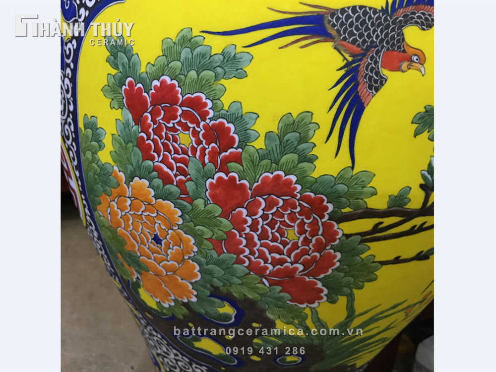 Đèn sứ thấu quang họa tiết chim Trĩ hoa Phù Dung sang trọng 58cm