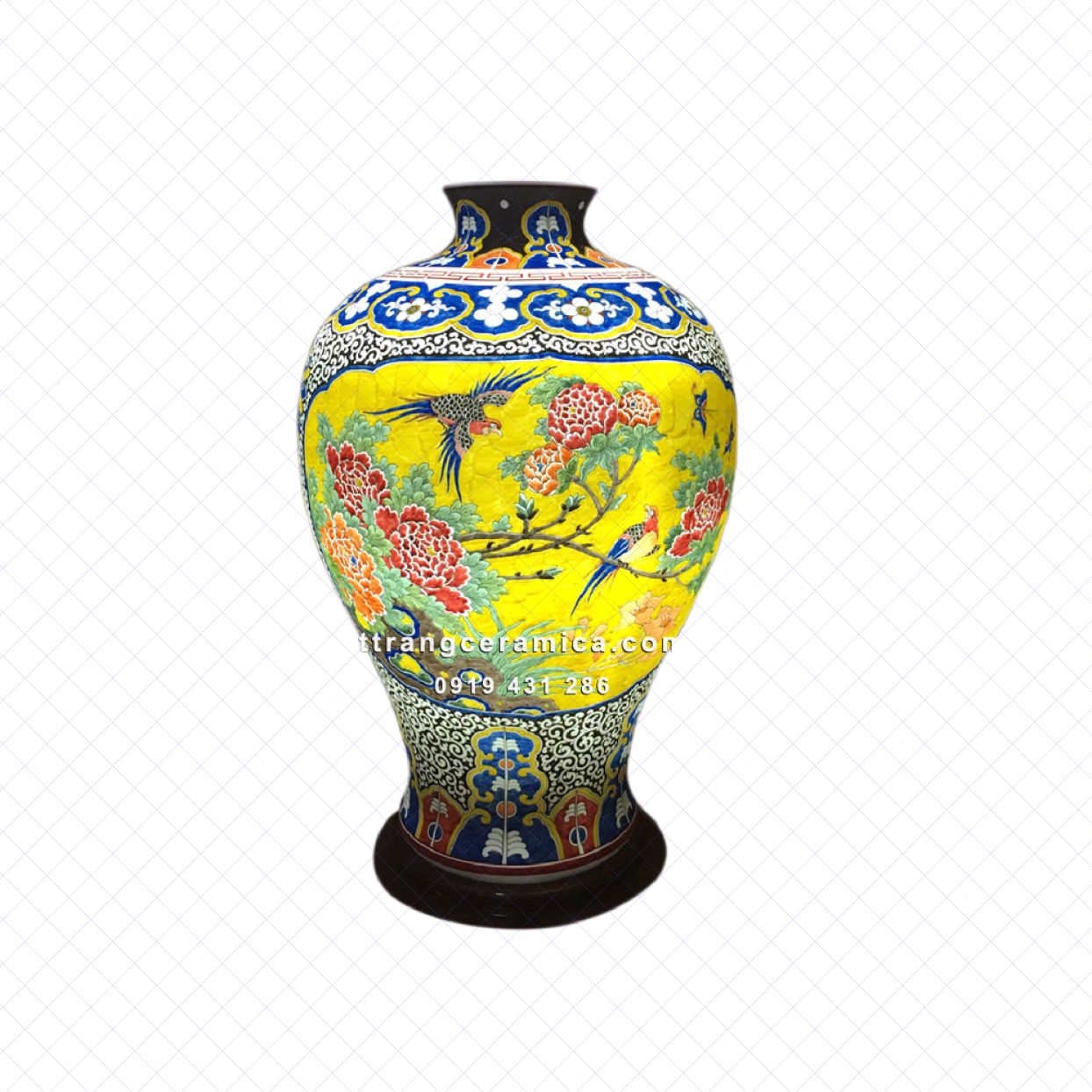 Đèn sứ thấu quang họa tiết chim Trĩ hoa Phù Dung sang trọng 58cm 
