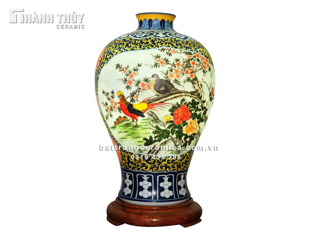 Đèn sứ thấu quang mẫu đơn chim Trĩ sang trọng ánh sáng huyền ảo