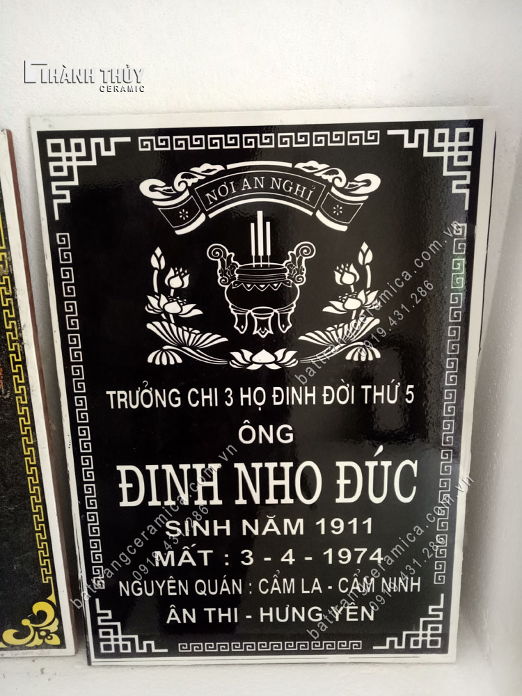 Bia mộ sứ Bát Tràng đen 30x40cm bền đẹp giá tốt