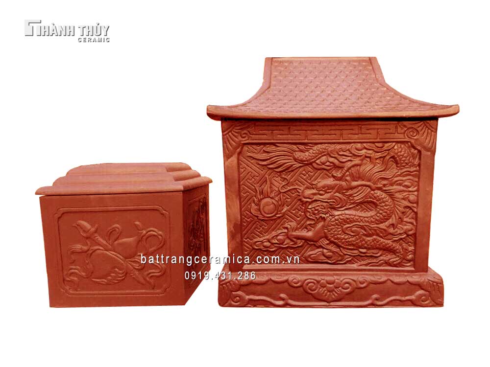 Bình tro đứng tứ linh gốm nâu đỏ cao cấp bền đẹp giá tốt 