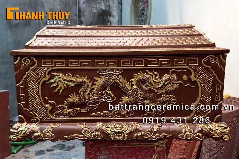 Quách tiểu sành Bát Tràng Rồng nổi nâu đen sang trọng bền