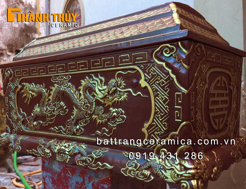 Quách tiểu sành Bát Tràng Rồng nổi nâu đen sang trọng bền