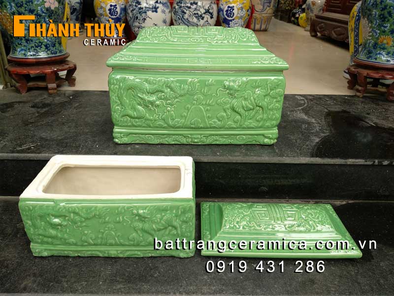 Hủ đựng tro cốt tứ linh xanh ngọc Bát Tràng sang trọng 