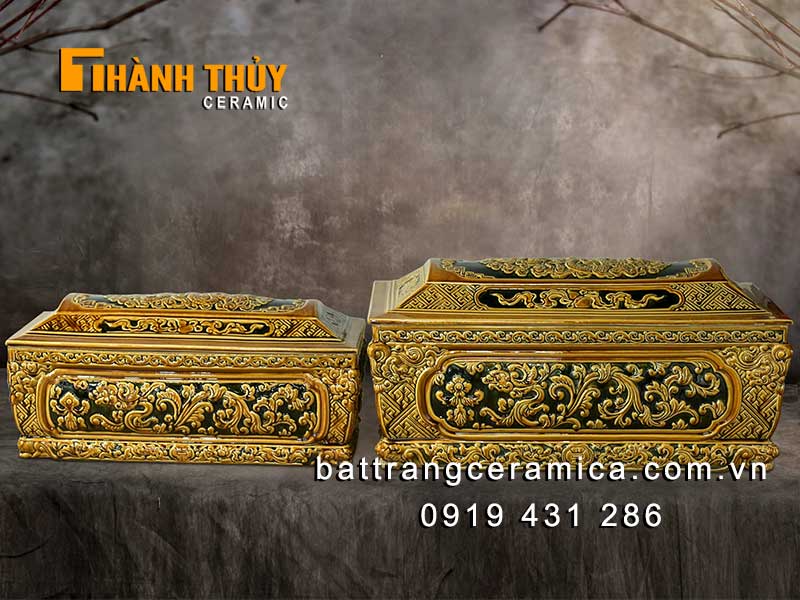 Bộ tiểu quách Vạn Thọ chân quỳ hoàng thổ cao cấp Bát Tràng đẹp sang