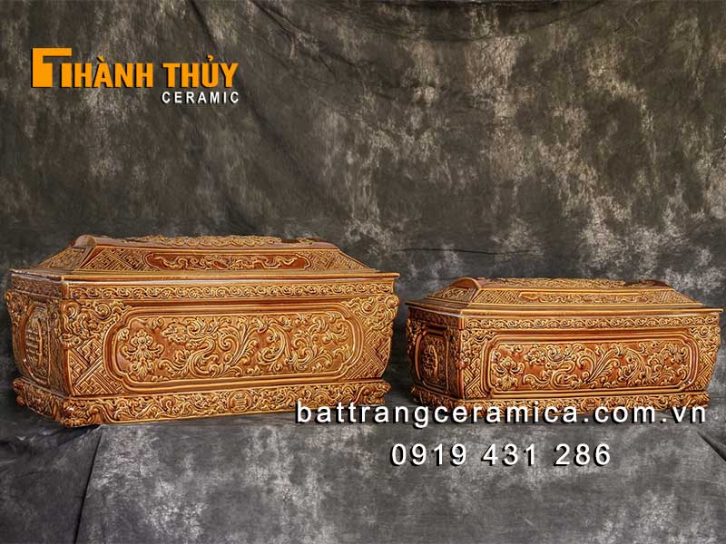 Bộ tiểu quách sứ Vạn Thọ men nâu Bát Tràng chuẩn đẹp may mắn