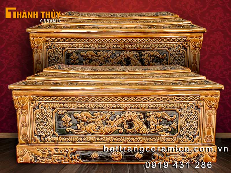 Bộ tiểu quách sứ Vạn Thọ Kim Tiền nâu cao cấp may mắn