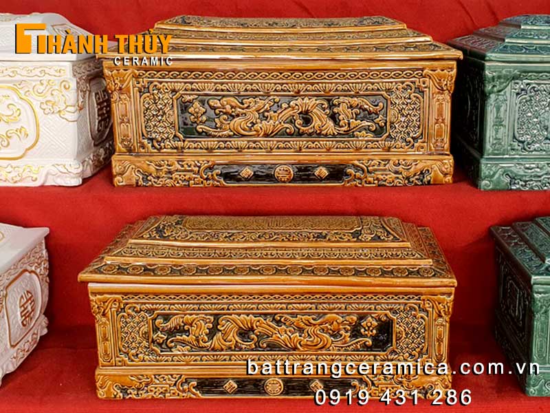 Bộ tiểu quách sứ Vạn Thọ Kim Tiền nâu cao cấp may mắn
