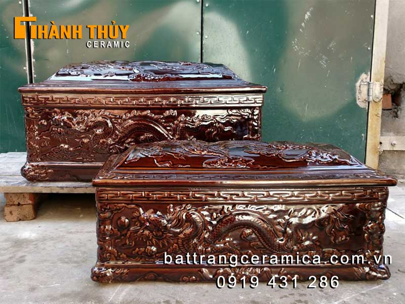 Tiểu quách sứ Bát Tràng rồng nâu đậm tinh xảo, bền đẹp 