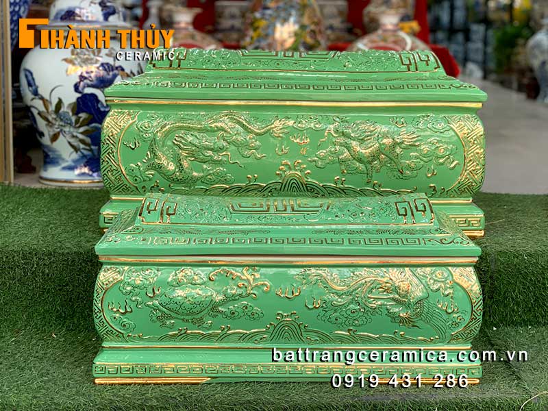 Tiểu quách tứ linh men ngọc vẽ vàng 24k cao cấp gốm sứ Bát Tràng 