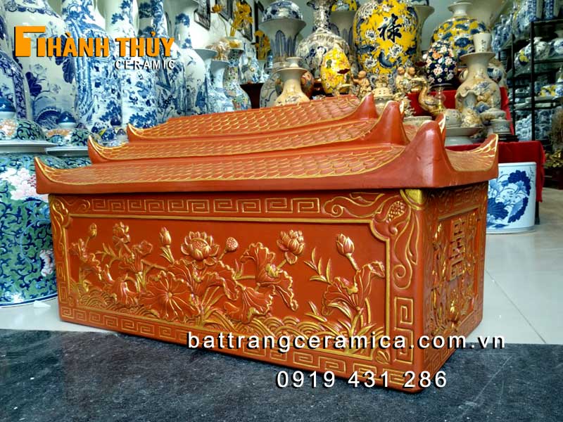 Quách tiểu sành hoa sen đỏ cao cấp Bát Tràng tinh xảo tâm linh