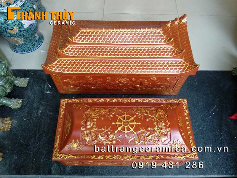 Quách tiểu sành hoa sen đỏ cao cấp Bát Tràng tinh xảo tâm linh