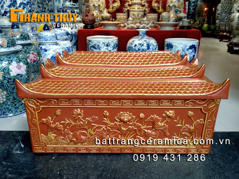 Quách tiểu sành hoa sen đỏ cao cấp Bát Tràng tinh xảo tâm linh 