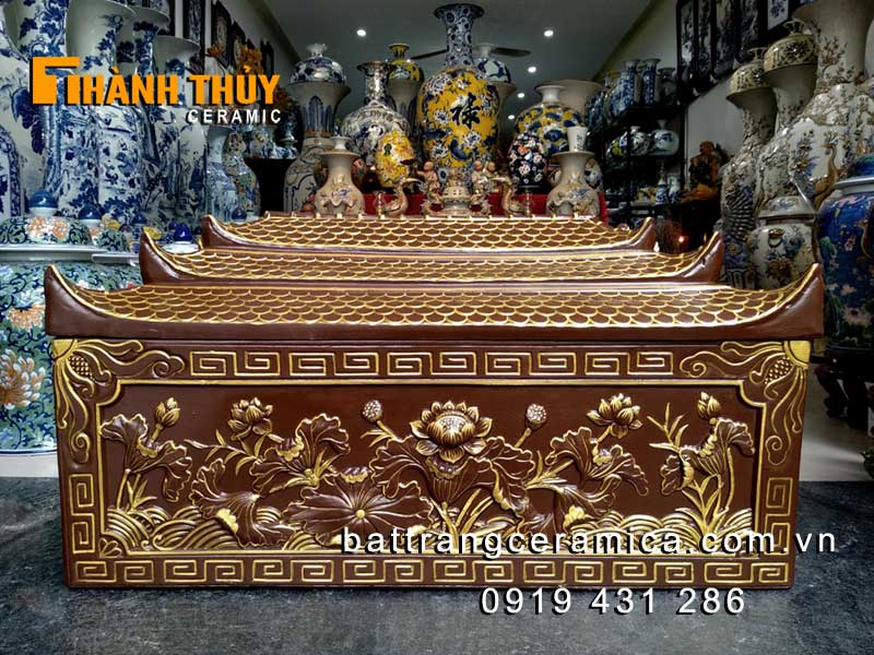 Tiểu quách sành mái chùa hoa Sen nổi Bát Tràng cao cấp bền lâu