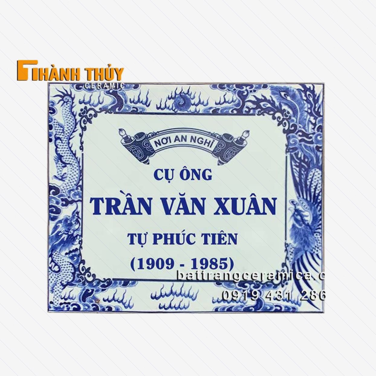 Bia mộ sứ men lam rồng phượng 30x40 bền đẹp giá tốt Hà Nội 
